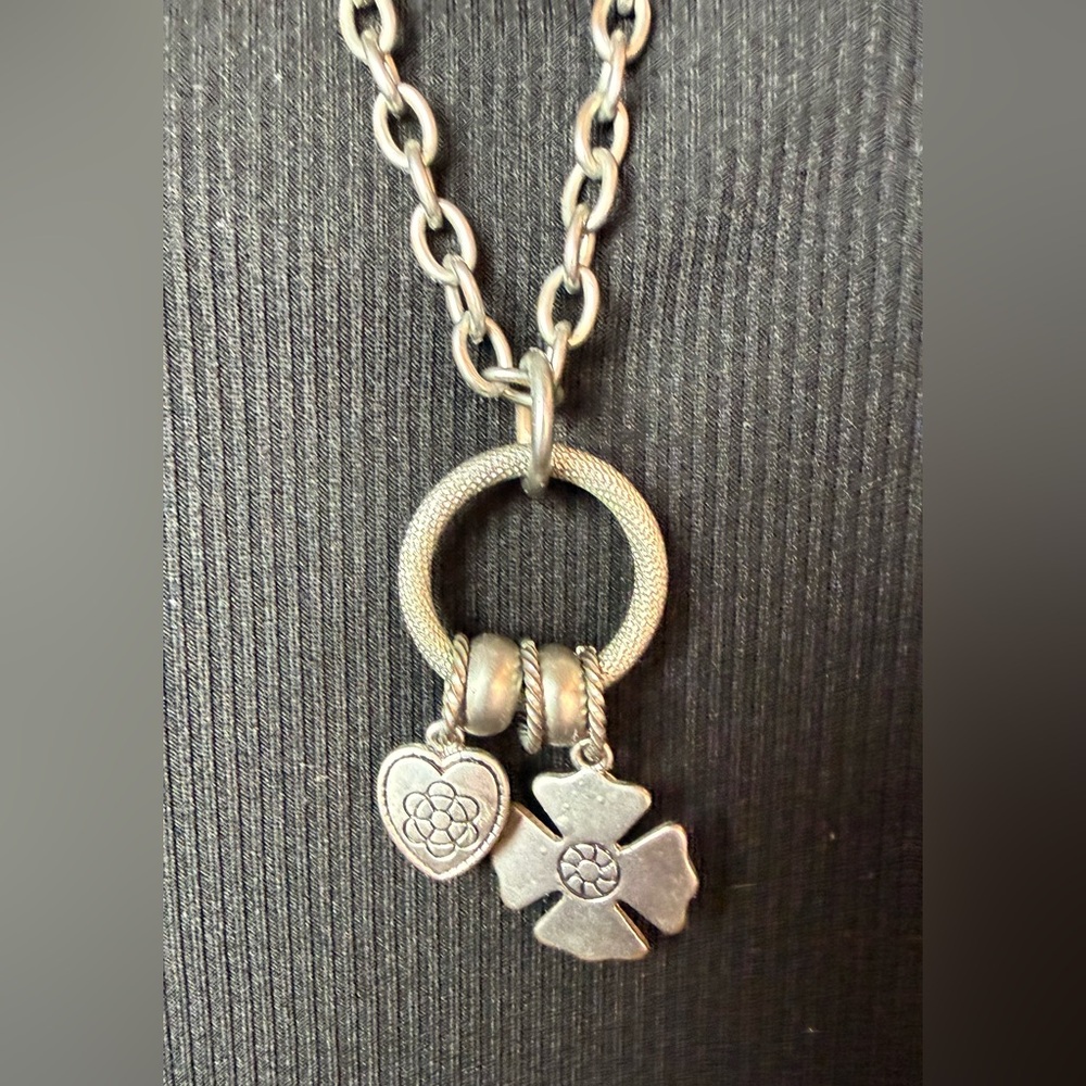 Silver Long Chain Chunky Necklace with Multiple Charms Heart & Four Leaf Clover